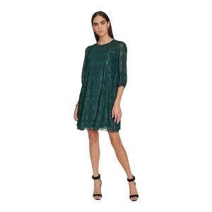 Calvin‎ Klein Women's Metallic Plaid Chiffon 3/4-Sleeve A-Line Dress Size 4 NWT